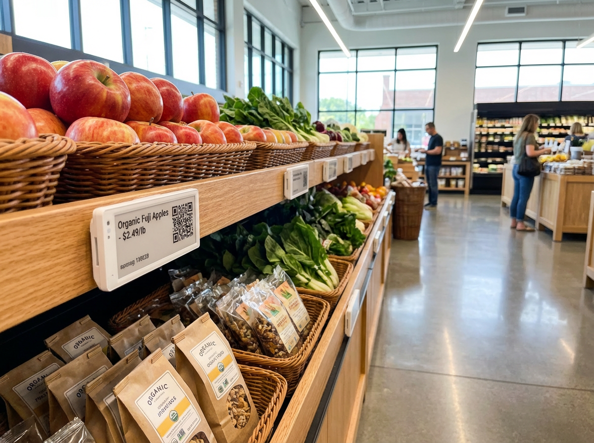 Electronic Shelf Label ESL Application in Supermarket Retail Store - digital price tags on grocery shelves for real-time pricing updates